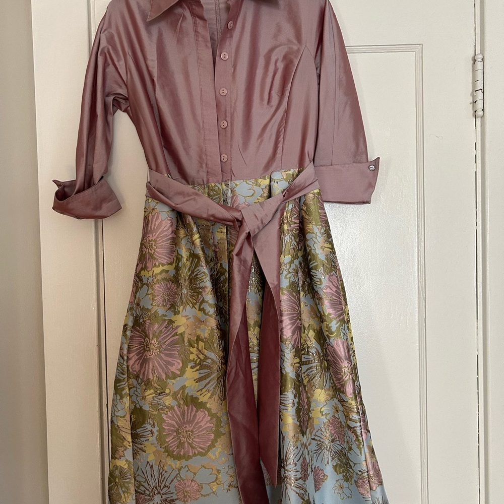Teri Jon Pink A-Line Dress with Notched Collar and 3/4 Cuffed Sleeves